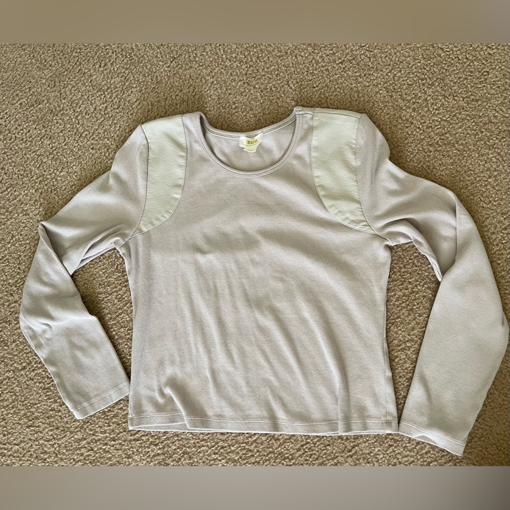 Anthropologie Maeve Ribbed Long Sleeve Shirt with Faux Leather, L